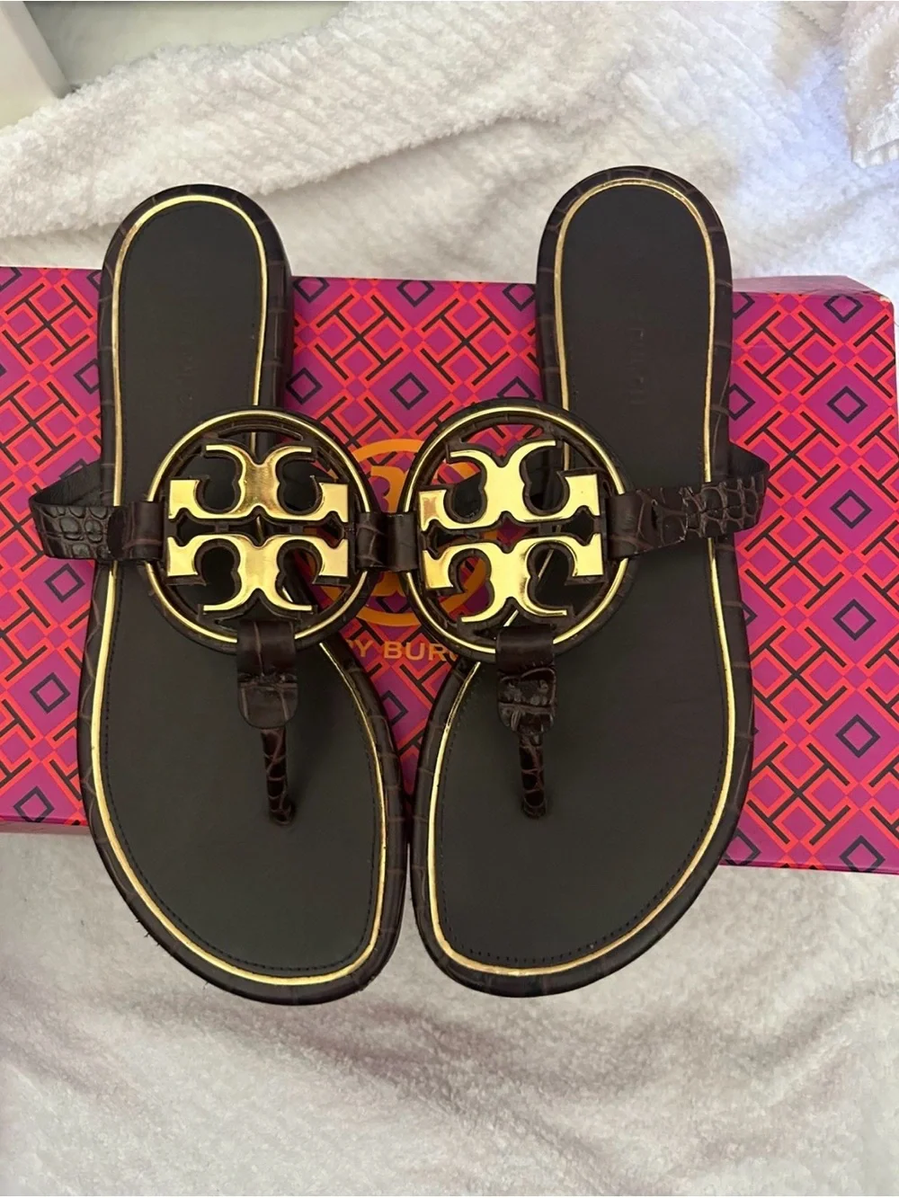 Tory Burch Brown Leather Miller Thong Sandals with Gold Logo